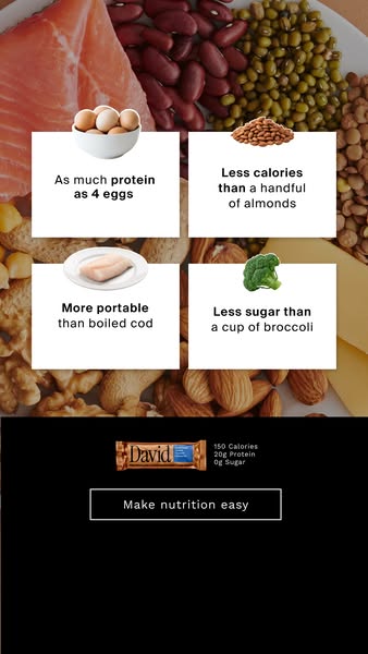 David Protein ad: 20g Protein. 150 Calories. 0g Sugar.