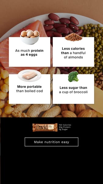 David Protein ad: 20g Protein. 150 Calories. 0g Sugar.
