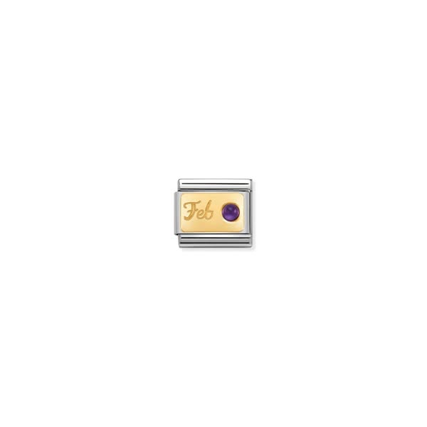 Beaverbrooks the Jewellers ad: Nomination Composable Stainless Steel and Yellow Gold Plated Amethyst February Birthstone Charm
