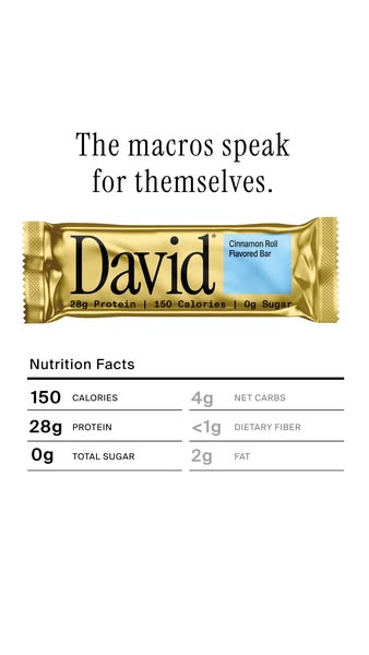 David Protein ad: 28g Protein. 150 Calories. 0g Sugar.