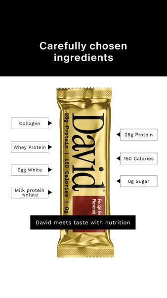 David Protein ad: 28g Protein. 150 Calories. 0g Sugar.