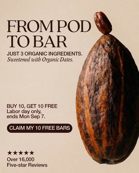 The Conscious Bar ad: Buy 10, Get 10 Free. Labor Day Only.