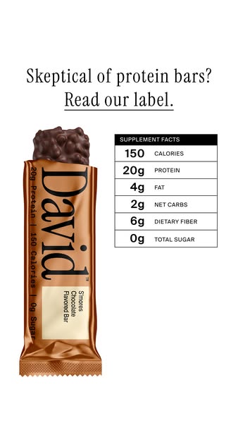 David Protein ad: 20g Protein. 150 Calories. 0g Sugar.