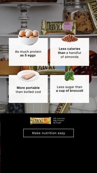 David Protein ad: 28g Protein. 150 Calories. 0g Sugar.