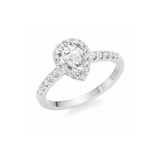 Beaverbrooks the Jewellers ad: Platinum Diamond Pear Shaped Halo Ring