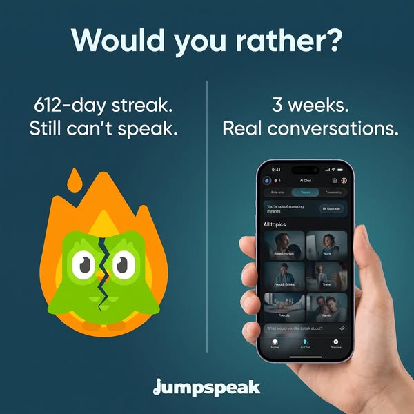 Jumpspeak ad: From Zero To Bilingual In 90 Days.