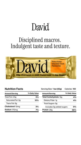 David Protein ad: 28g Protein. 150 Calories. 0g Sugar.