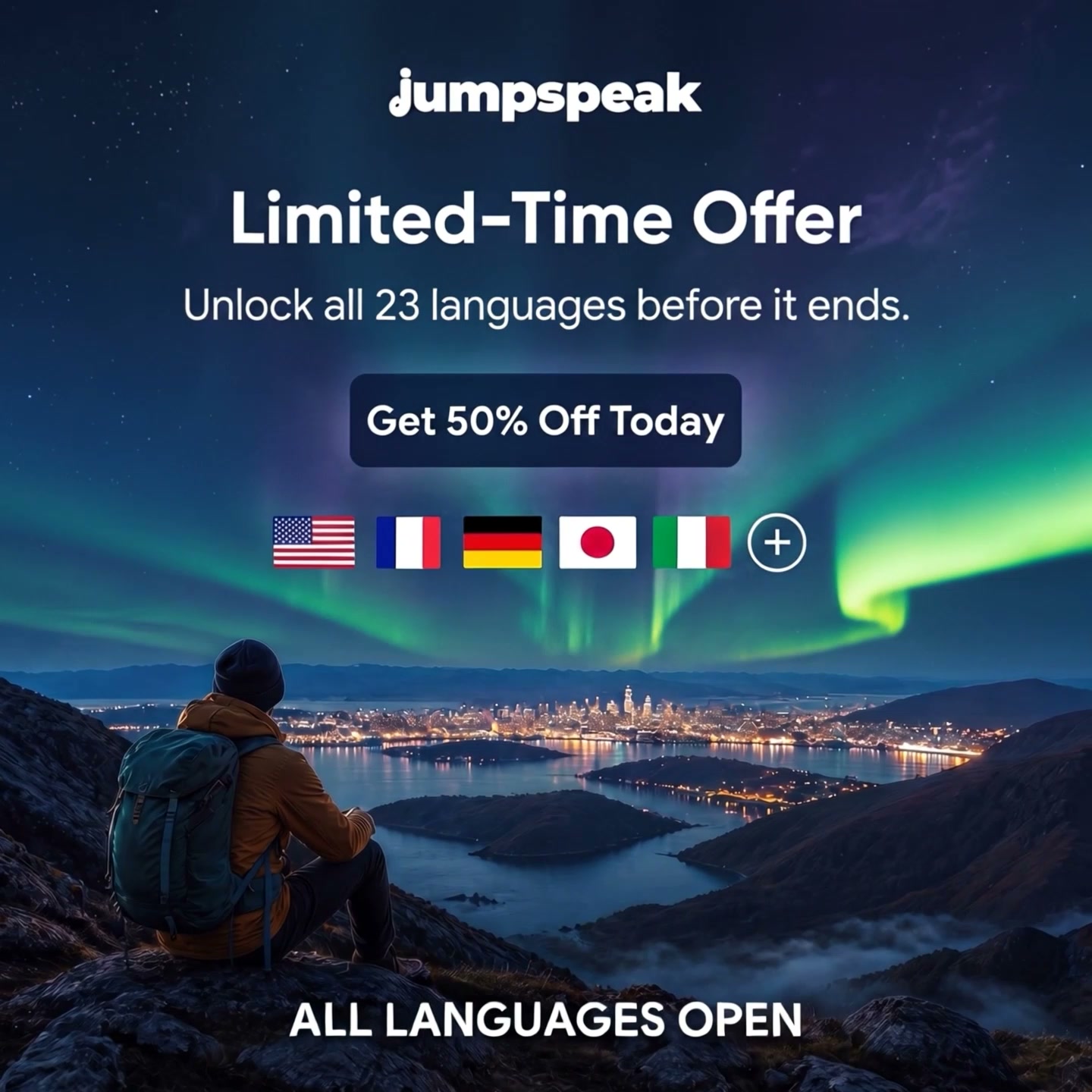 Jumpspeak ad: From Zero To Bilingual In 90 Days.