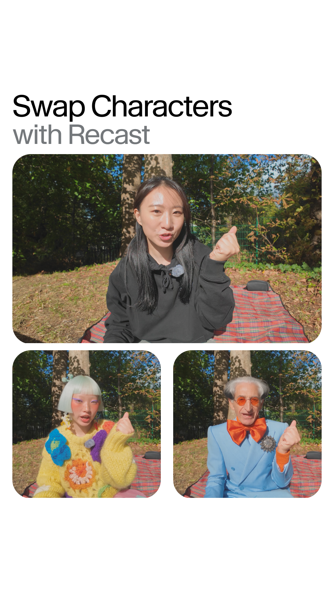 ElevenLabs ad: Swap the character in any video using Recast. Everything else stays exactly same: motion, composition, camera movement, cuts, and even the o