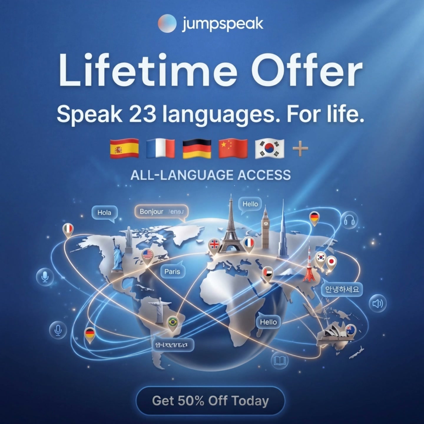 Jumpspeak ad: From Zero To Bilingual In 90 Days.