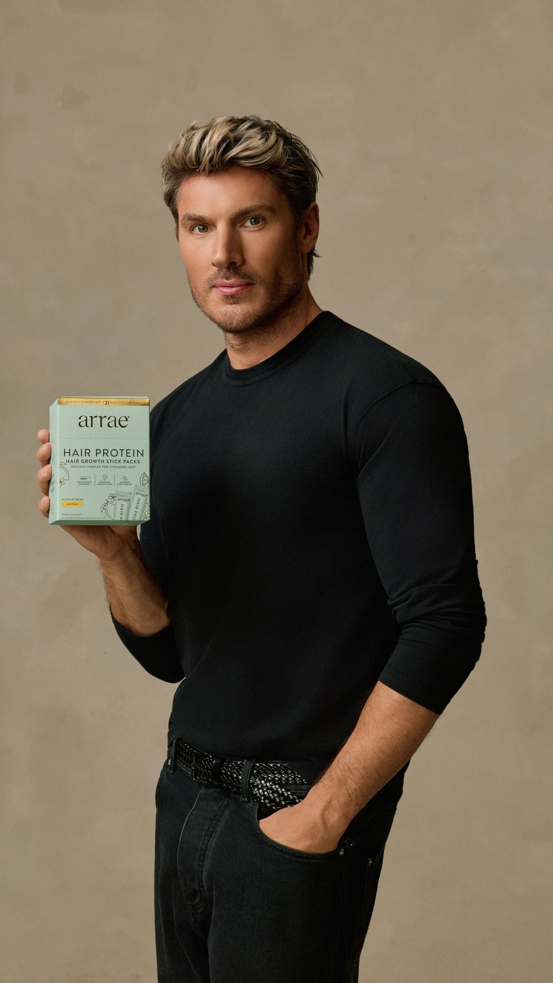 Arrae ad: this is @chrisappleton1's secret to good hair beyond the styling chair. arrae hair protein: ✨ builds stronger strands with a hair-streng