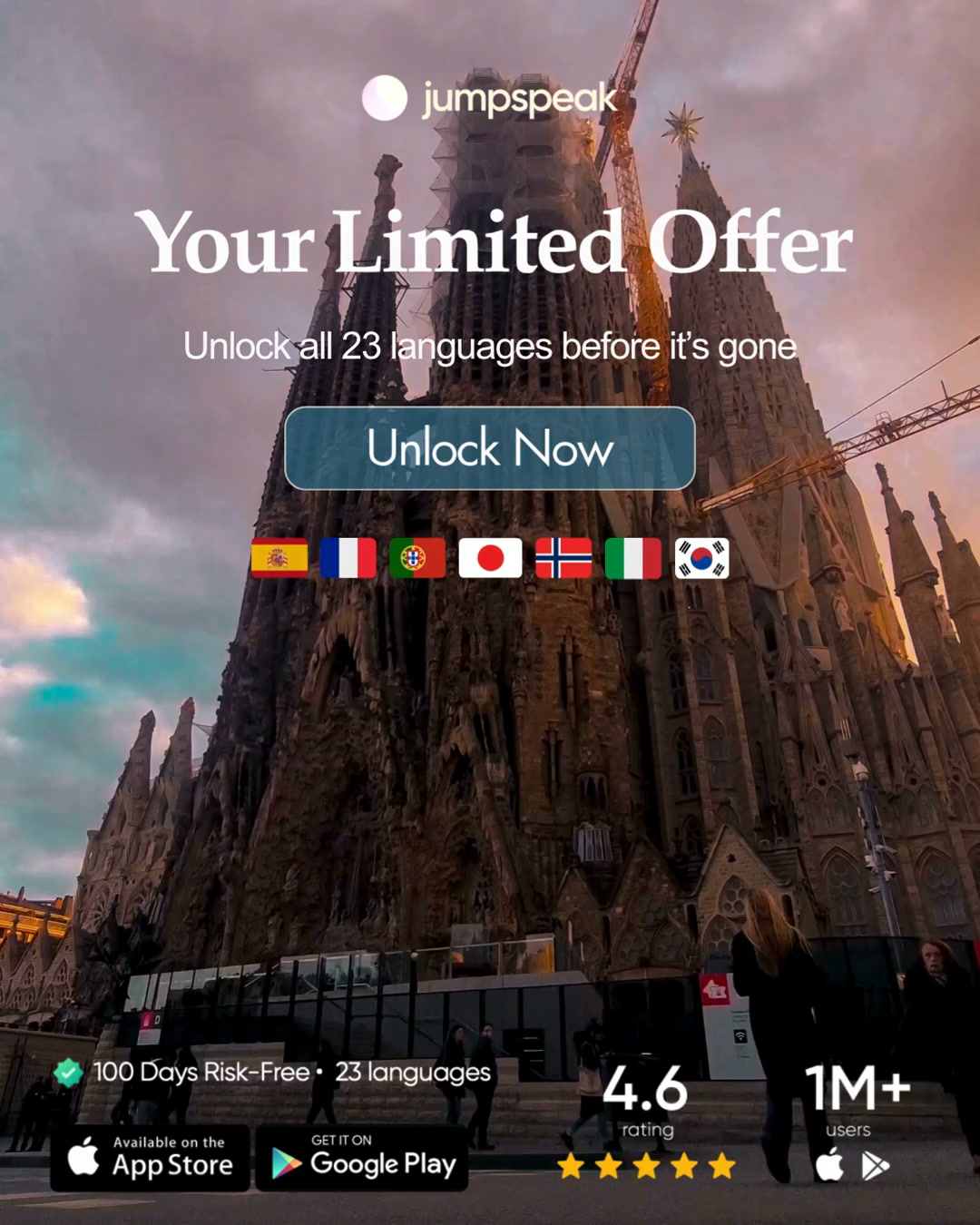 Jumpspeak ad: From Zero To Bilingual In 90 Days.