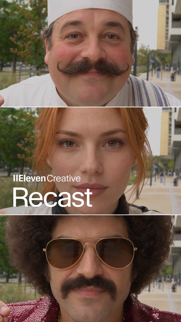 ElevenLabs ad: With Recast in ElevenCreative, swap the character in any shot. Everything else stays exactly as it was: lighting, composition, motion, camer