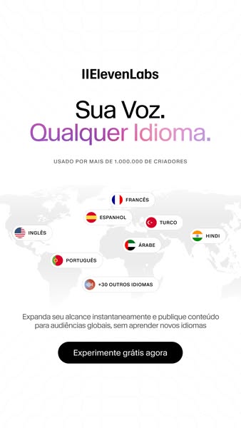 ElevenLabs ad: ElevenLabs | Confiado por mais de 1.000.000 de criadores | Plataforma de áudio por IA mais realista, agora com suporte a vídeo