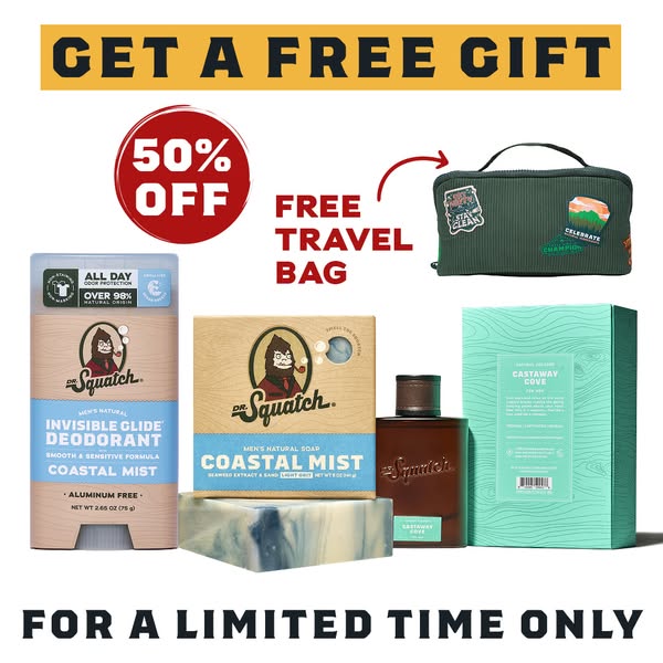 Dr. Squatch ad: 🤯 FREE TOILETRY BAG + 50% OFF 🤯