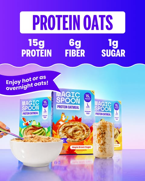 Magic Spoon Cereal ad: 15g Protein. 6g Fiber. 1g Sugar.