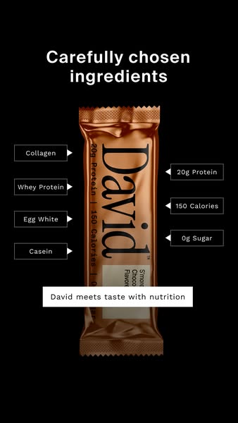 David Protein ad: 20g Protein. 150 Calories. 0g Sugar.