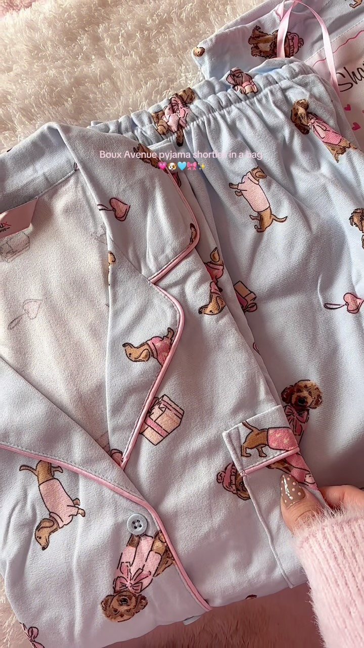 Boux Avenue ad: new favourite pjs alert ✨🩵💗🐶 @bouxavenue serving the cutest coziest pyjamas you’ve ever seen ✨✨✨ I love these so much 🥺🥺 ✨✨ gifted ✨✨ #