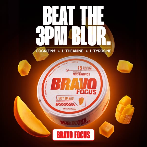 BRAVO Energy Pouches ad: Mango-Flavored Focus Without The Crash