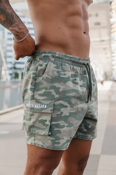 Muscle Nation ad: Daily Cargo 5" Camo Shorts