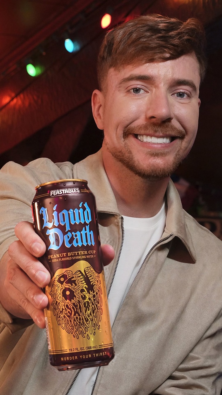 Liquid Death ad: @liquiddeath teamed up with @feastables and @mrbeast to make better-for-you soda that tastes just like drinking Feastables Creamy Peanut But