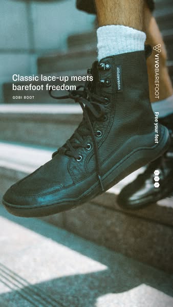 Vivobarefoot ad: Classic boots, barefoot freedom