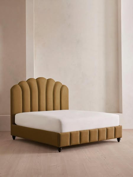 Soho Home ad: Manette Bed, Twisted Cord, Linen in Ochre, | King