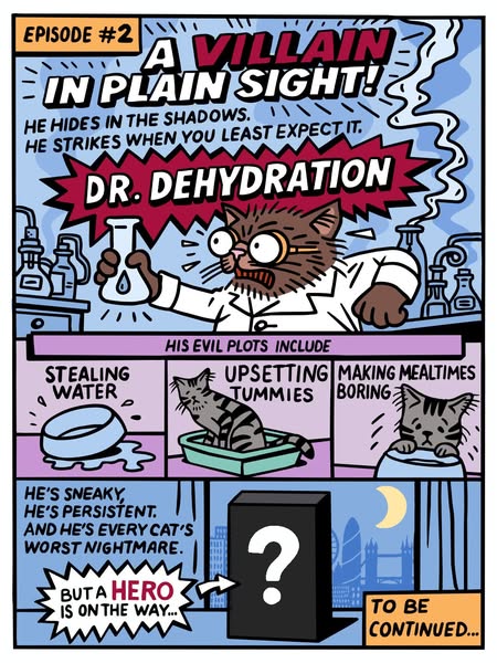 Scrumbles ad: The dreaded Dr Dehydration 😱 His crimes include causing fussy eating, throwing your cat's delicate gut health balance out of whack, and try