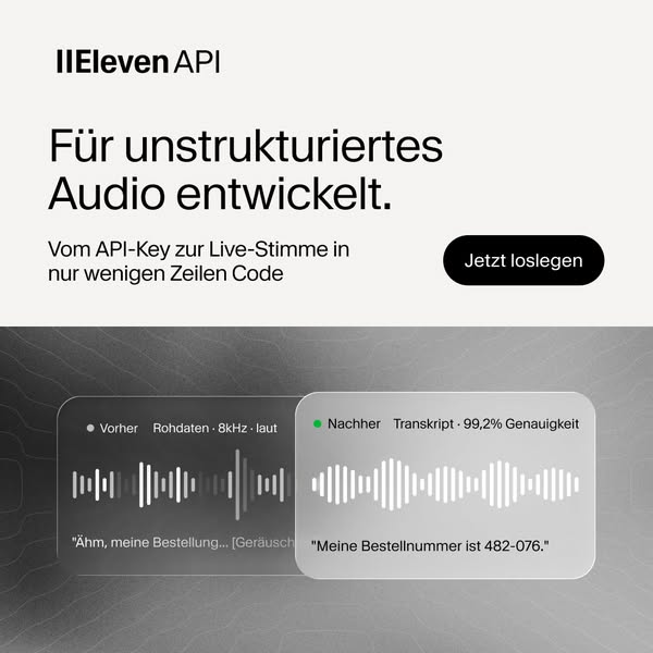 ElevenLabs ad: Echte, unstrukturierte Audioaufnahmen präzise transkribieren.