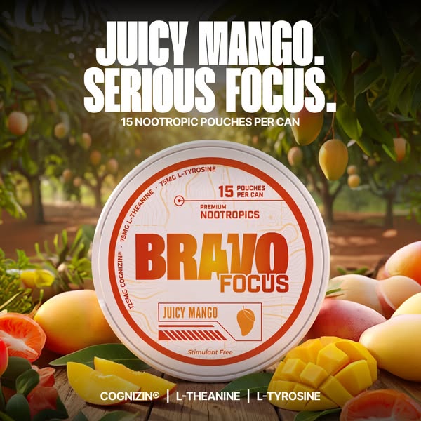 BRAVO Energy Pouches ad: Mango-Flavored Focus Without The Crash