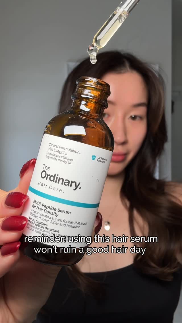 The Ordinary ad: Stronger, thicker-looking hair. Rooted in research 🪮 Massage a few drops of Multi-Peptide Serum for Hair Density thoroughly into clean, dry