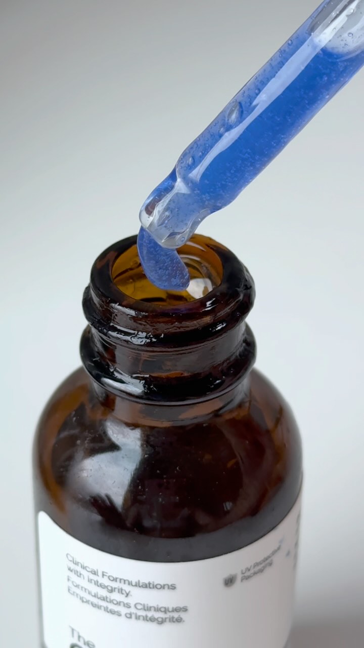The Ordinary ad: Blue = advanced age support 💙 Improve the look of fine lines and wrinkles while supporting skin elasticity and firmness with Multi-Peptide