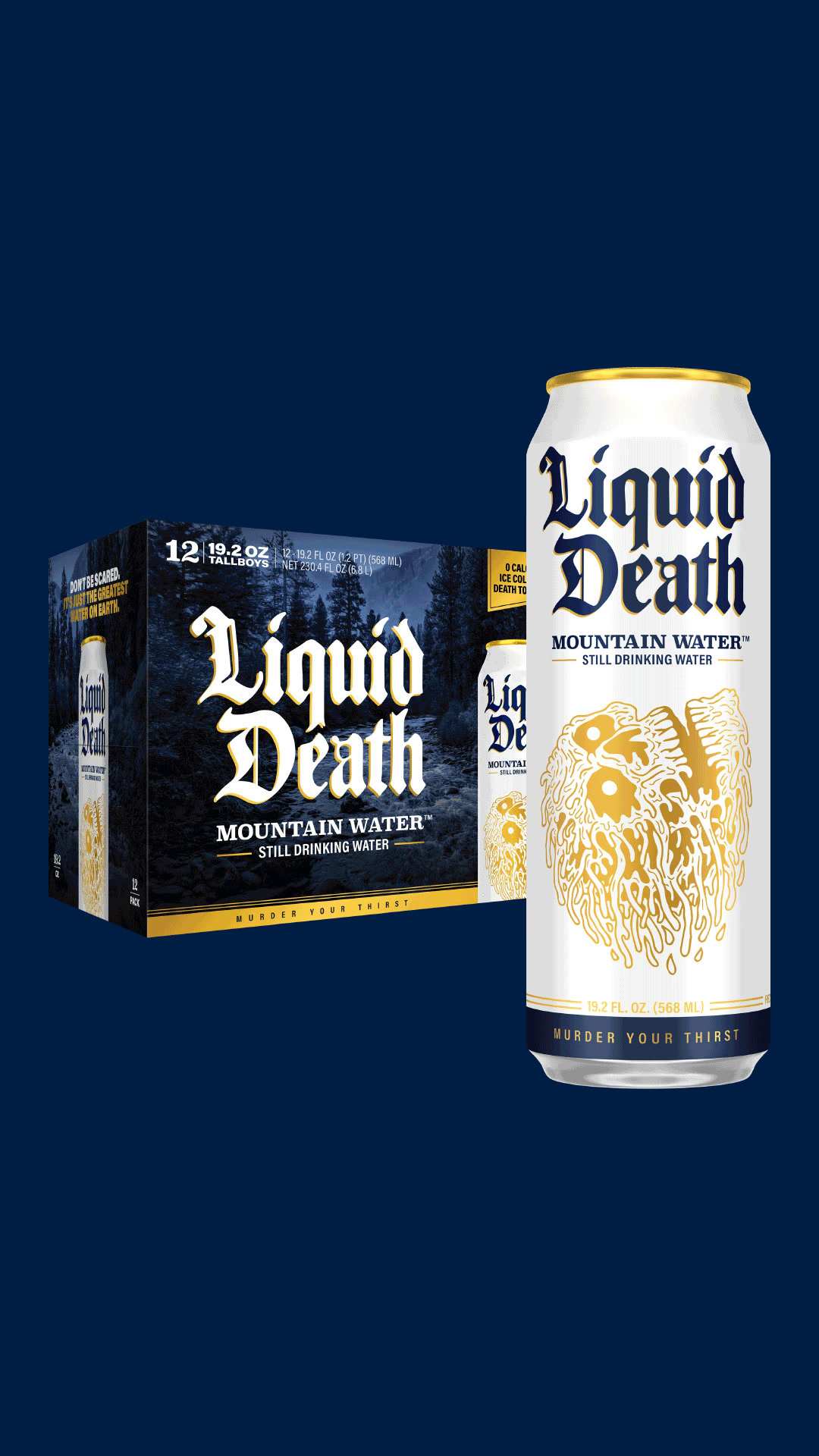 Liquid Death ad: Get your tallboys delivered ASAP with Prime.