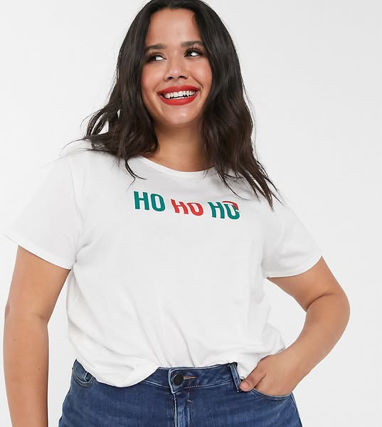 ASOS ad: ASOS DESIGN Curve Holidays t-shirt with HO HO HO print-Multi