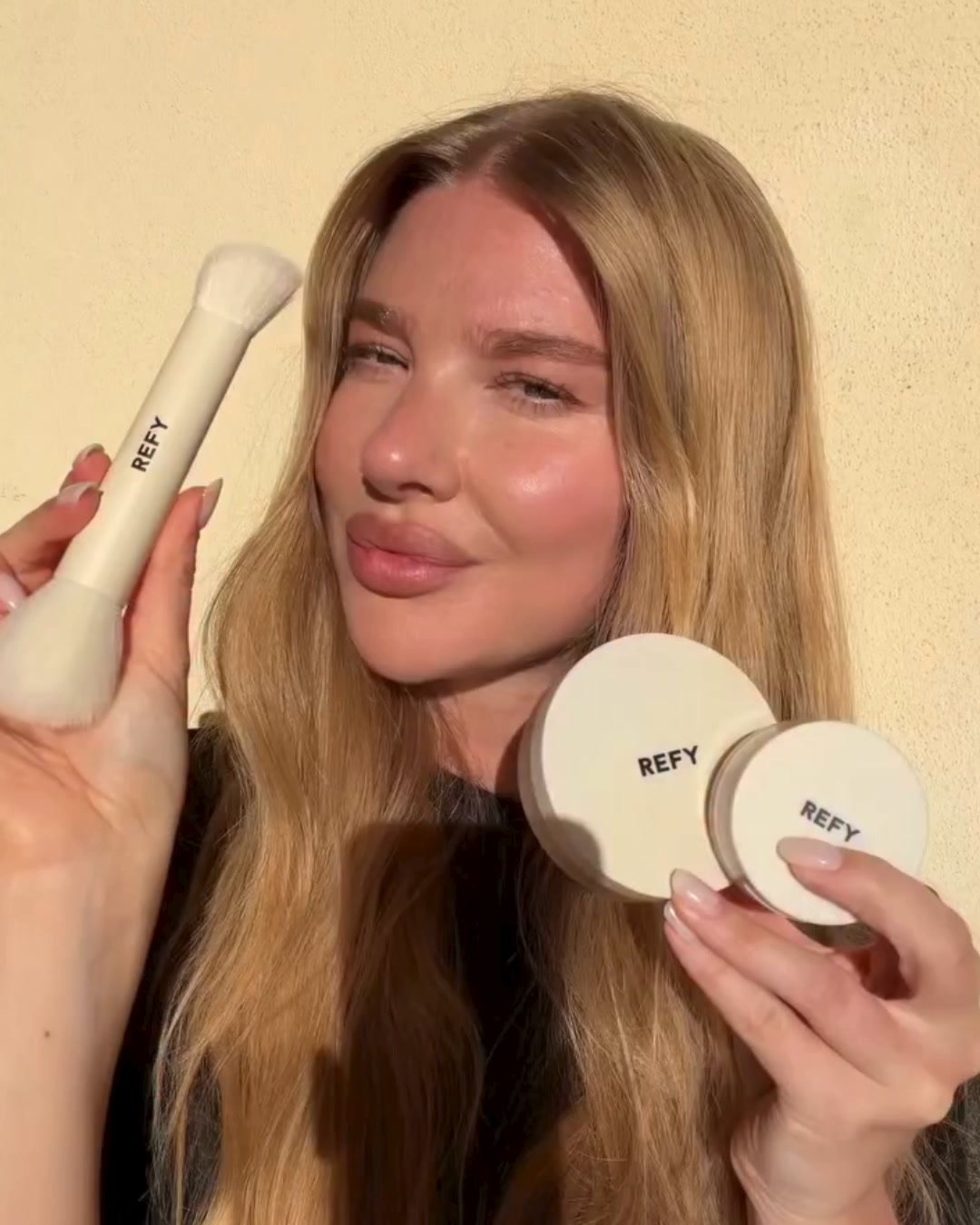 REFY ad: Sheer, water-based bronzer and blushes that melt seamlessly into skin. Discover the Watercolor Collection - skin first formula, effortless t