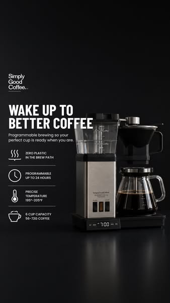 Simply Good Coffee ad: Programmable Plastic-Free Brewing!