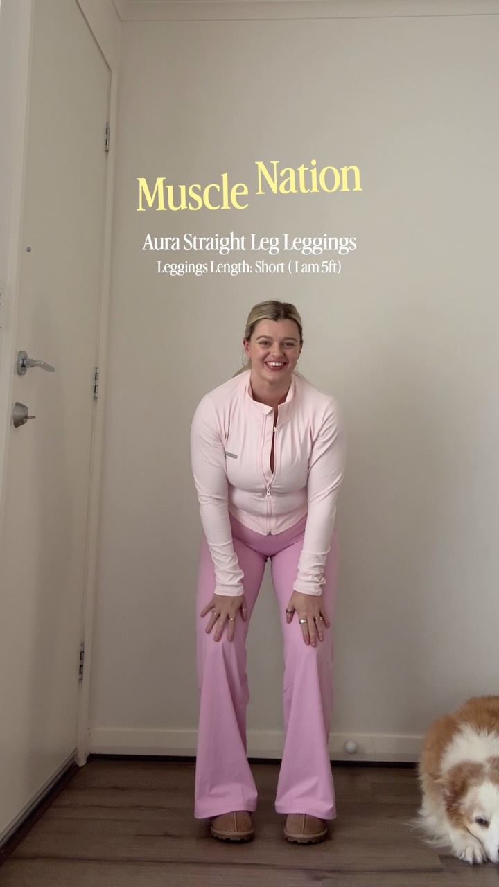 Muscle Nation ad: I am still in disbelief that FINALLYYYY a pair of straight leg leggings that aren’t too long for us petite girlies 🥹🩷 You can grab yoursel