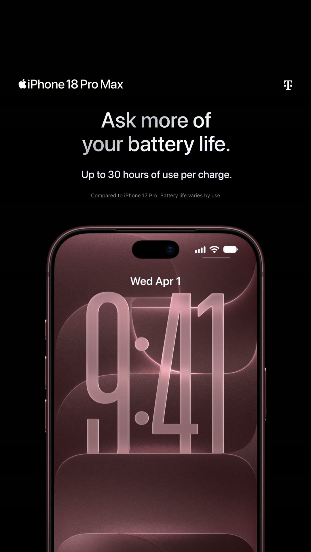 Apple ad: Upgrade to iPhone 18 Pro Max for long-lasting battery life.