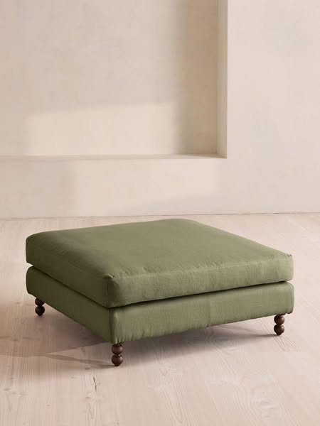 Soho Home ad: Audrey Square Ottoman, Linen in Sage