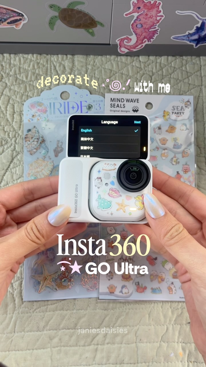 Insta360 ad: isn’t this the cutest camera ever?! i just love adding stickers to everything 🐋✨use my code JANIESDAISIES at checkout <3 thank you @insta36