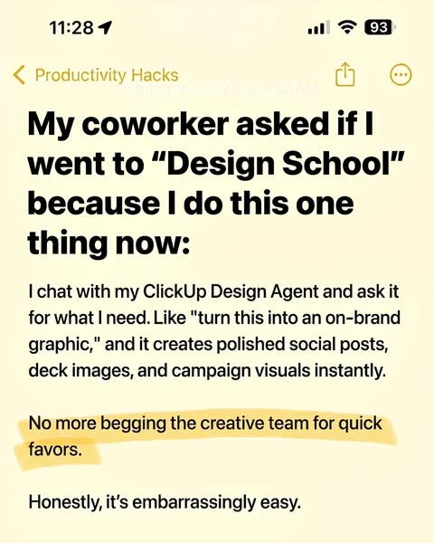 ClickUp ad: My Design Agent does this now.