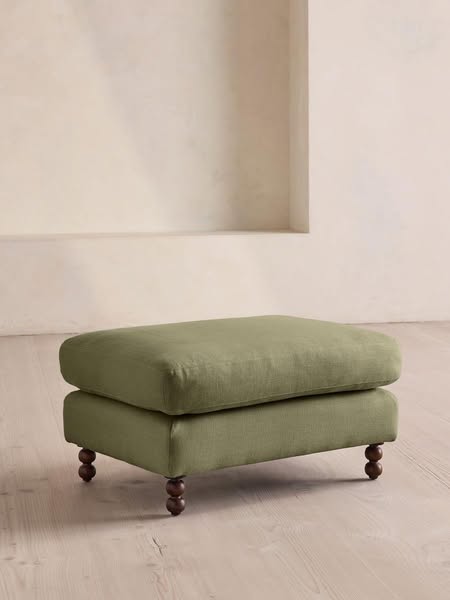 Soho Home ad: Audrey Rectangle Ottoman, Linen in Sage