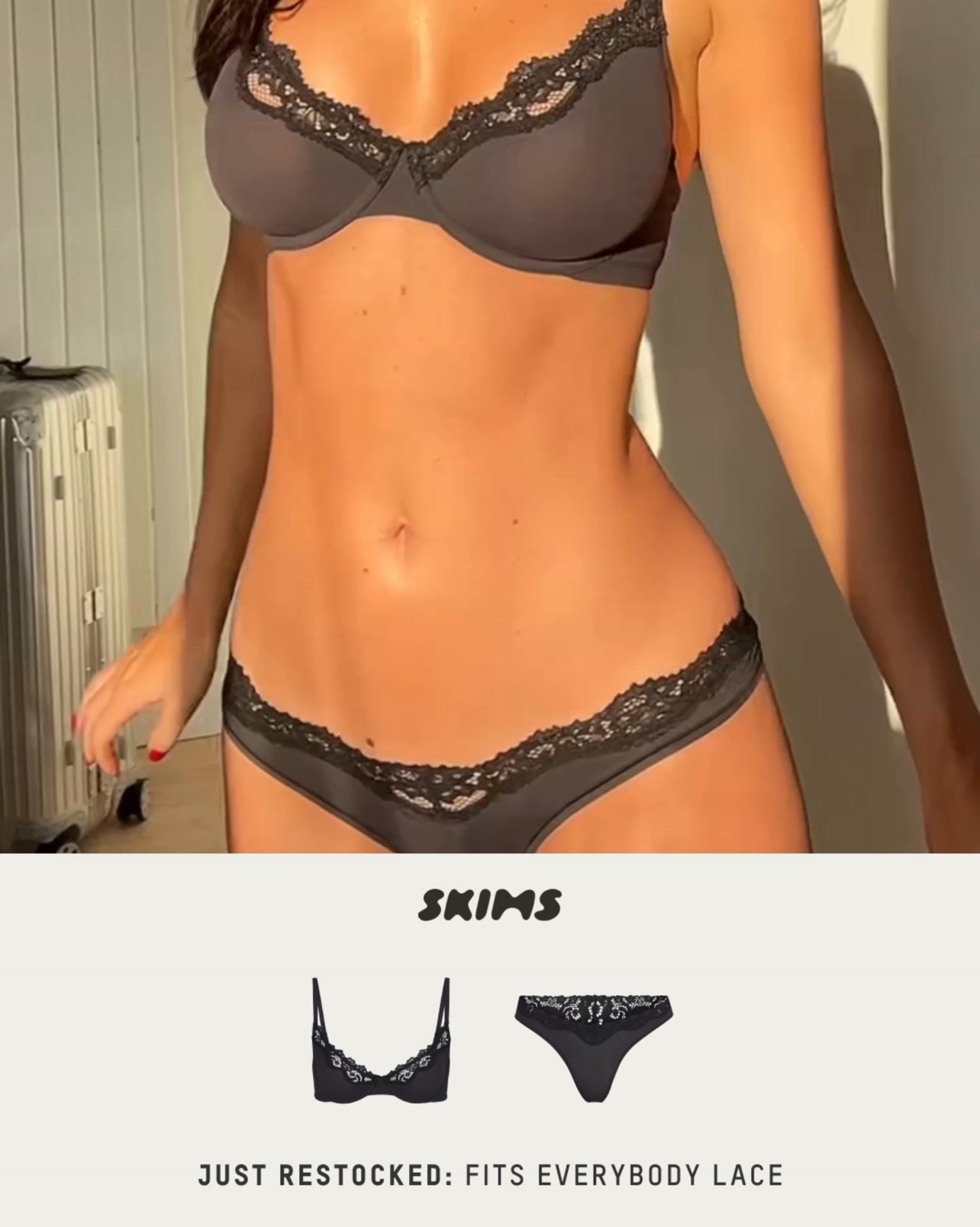 SKIMS ad: JUST RESTOCKED: FITS EVERYBODY LACE