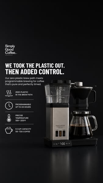 Simply Good Coffee ad: Programmable Plastic-Free Brewing!