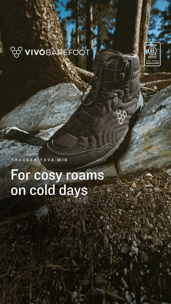 Vivobarefoot ad: Trail durability. Duvet-day warmth.