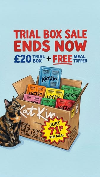 KatKin ad: Try 28 fresh meals for £20. That's 70p per meal for 100% fresh meat, portioned to your cat. See if it's worth it. We think it will be. Free