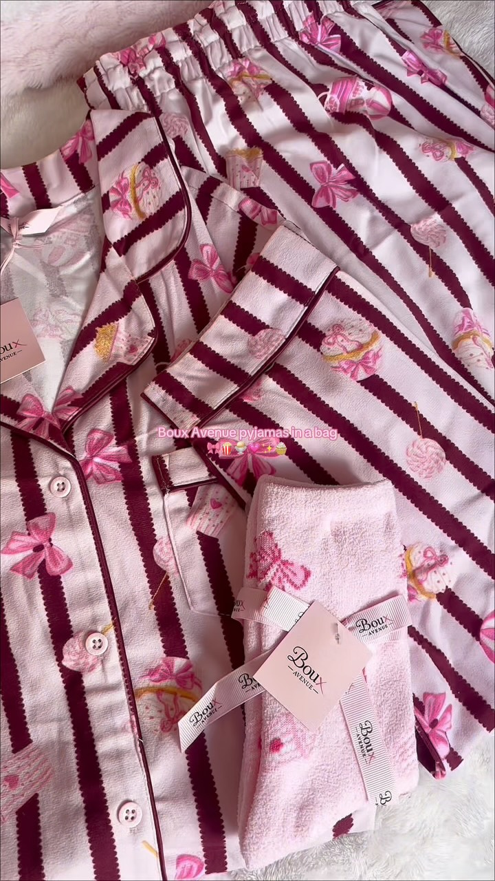 Boux Avenue ad: The cutest cozy pyjamas 🎀⭐️🧁💗 @bouxavenue pyjamas in a bag ⭐️✨🎀
