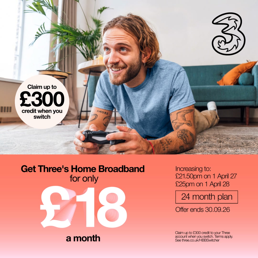 Three UK ad: Claim up to £300 credit when you switch.