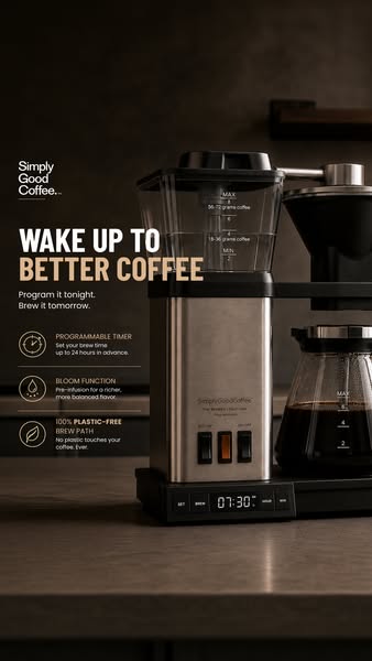 Simply Good Coffee ad: Programmable Plastic-Free Brewing!