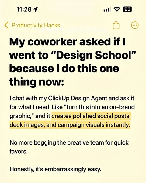 ClickUp ad: My Design Agent does this now.